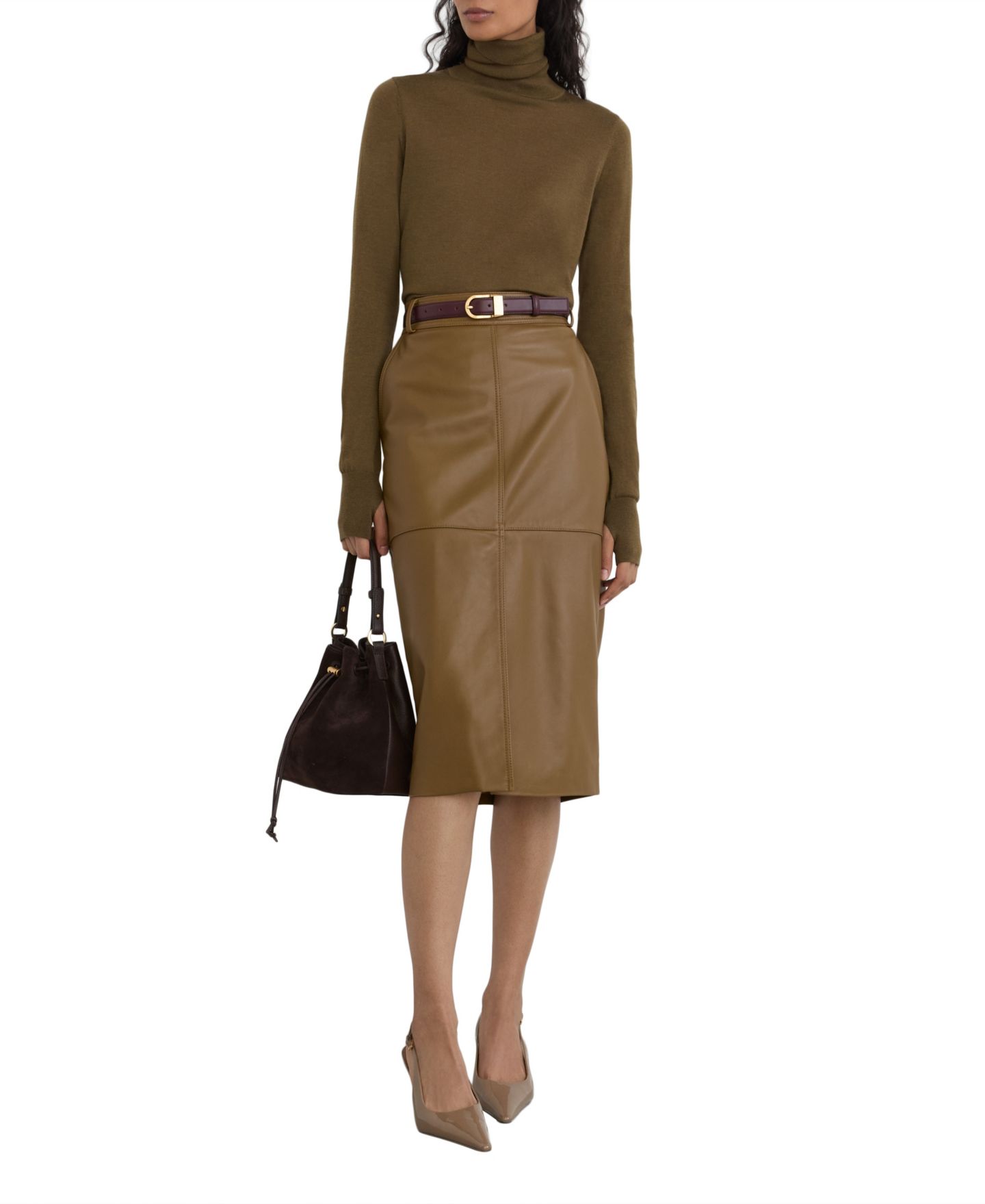 Женская юбка REISS Milly High-Waisted Leather Midi Pencil, цвет: Хаки — фото 2