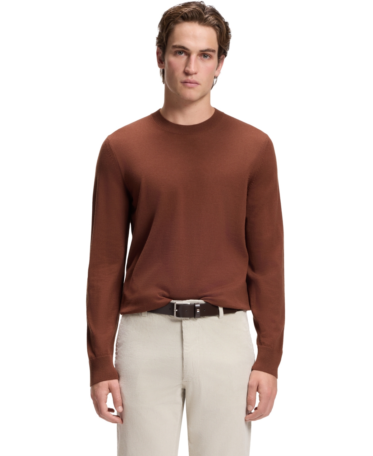 Boss by Hugo Boss Men's Merino-Wool Regular-Fit Sweater - Open Brown