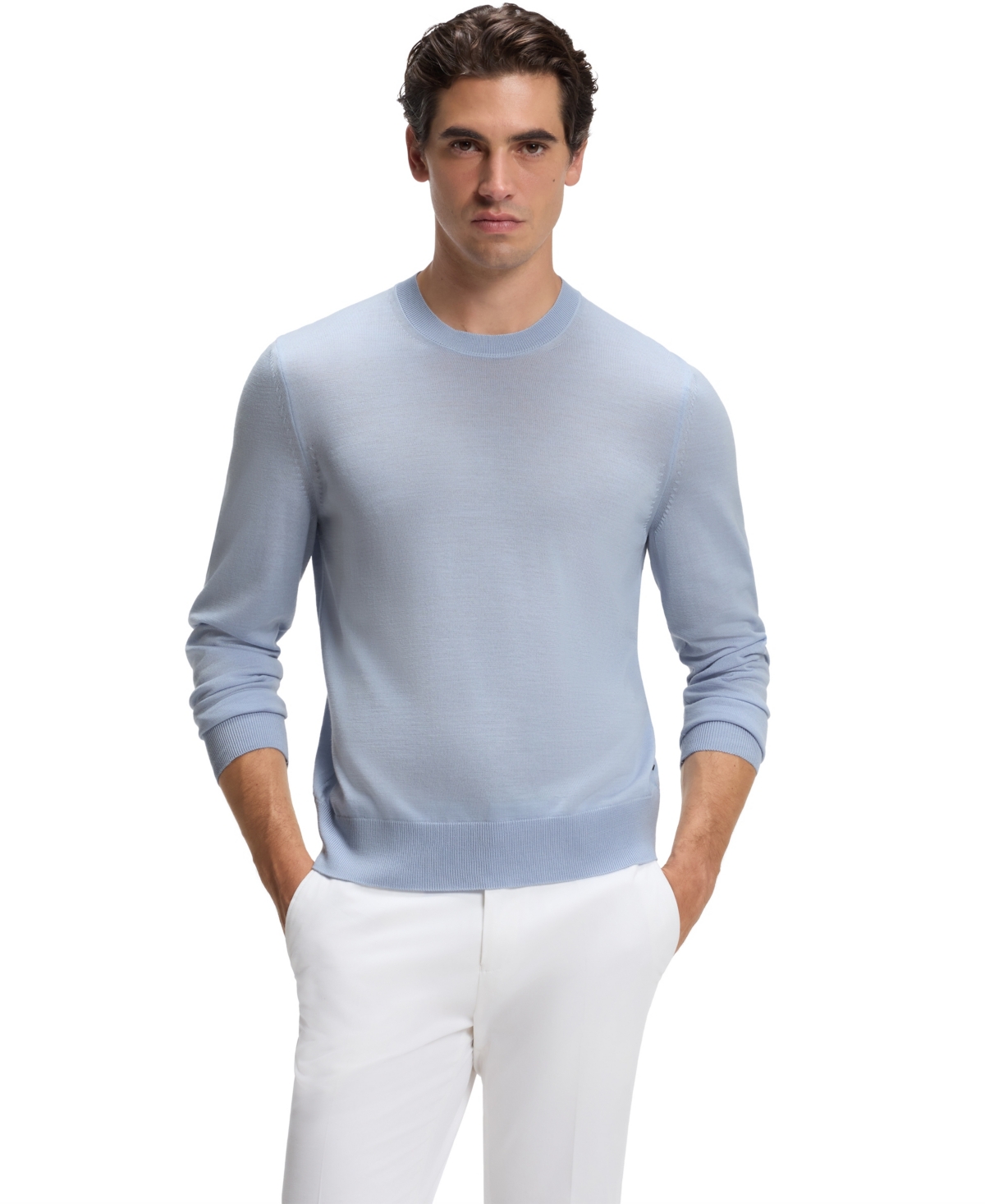 Boss by Hugo Boss Men's Merino-Wool Regular-Fit Sweater - Open Blue
