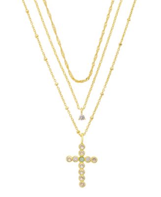 Cubic Zirconia Gold-Tone Cross Pendant Layered Necklace, 3-Piece Set