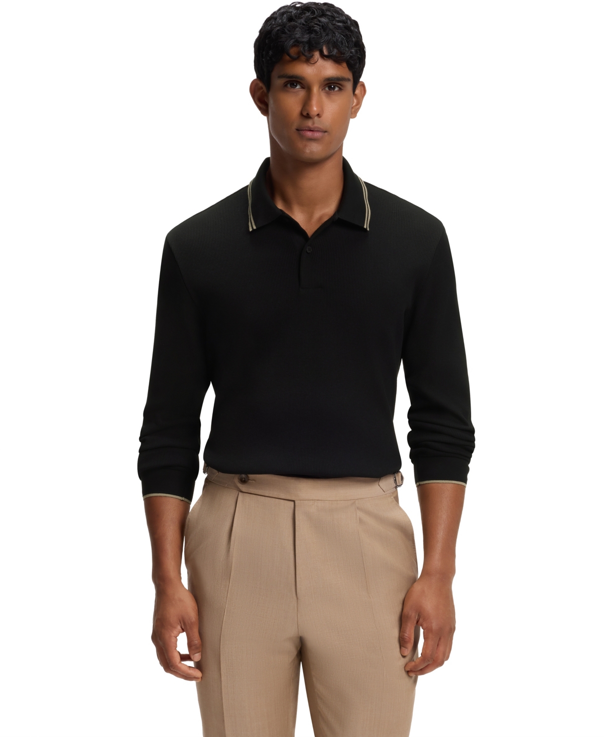 Boss by Hugo Boss Men's H-Pittman 10 Waffle-Structure Stretch Long-Sleeve Polo Shirt - Black