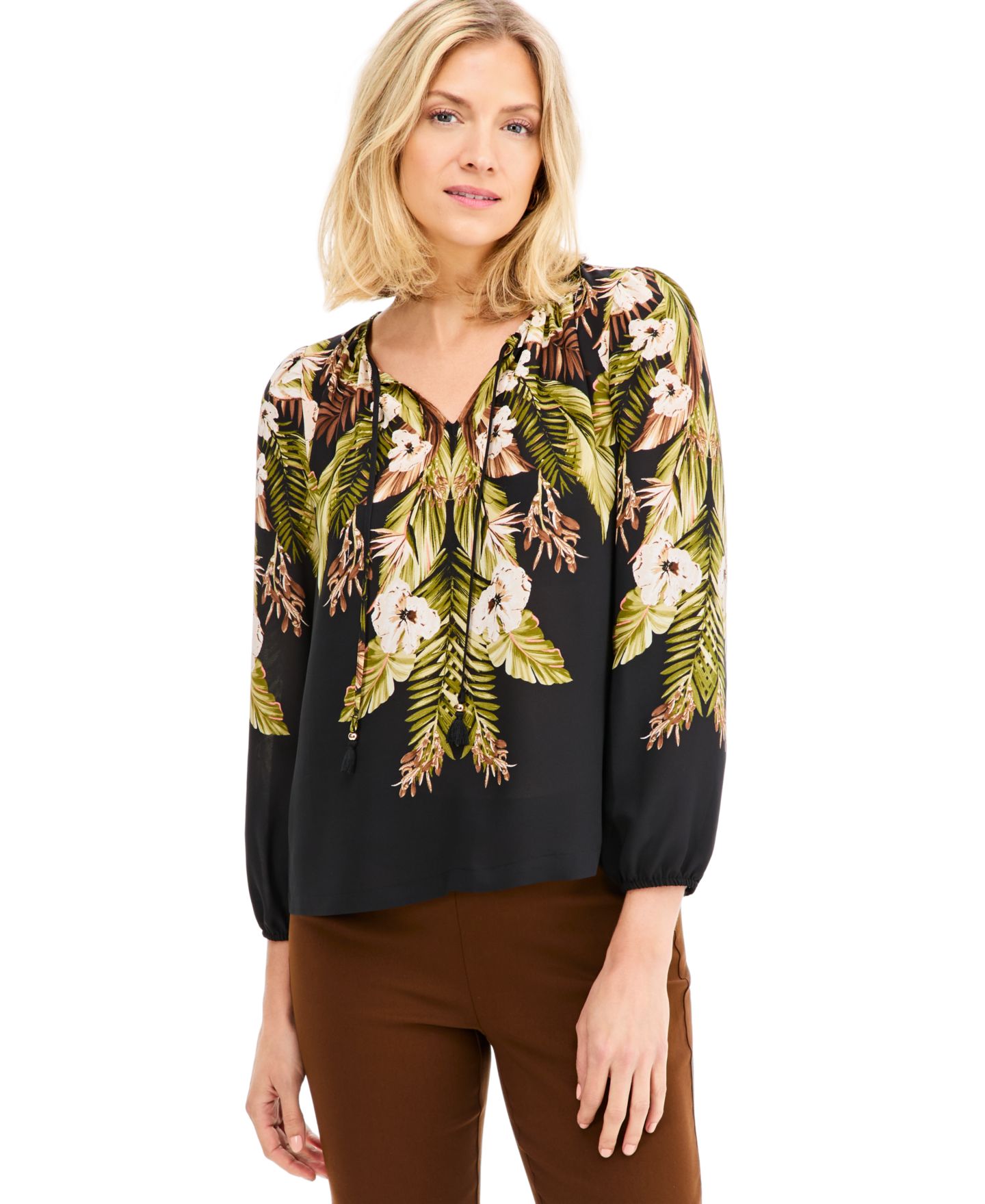 Женский топ JM Collection Tropical Shirred Long-Sleeve, цвет: Глубокий чёрный — фото 1