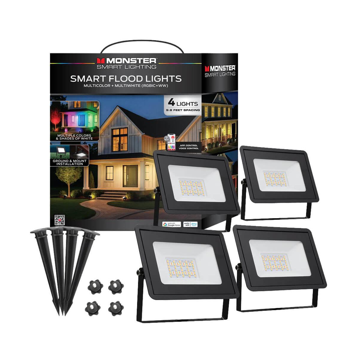 Monster Cable Multicolor and White Smart Outdoor Weather-Resistant Floodlights, 4-Pack - Multicolor