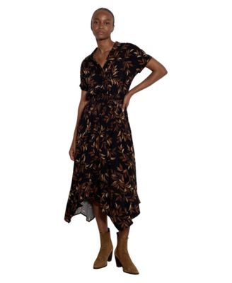 Women's Floral-Print Short-Sleeve Hanky-Hem Midi Dress