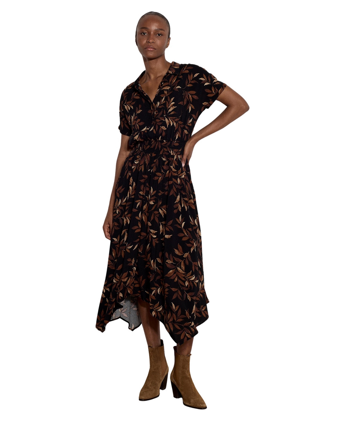 Apricot Women's Floral-Print Short-Sleeve Hanky-Hem Midi Dress