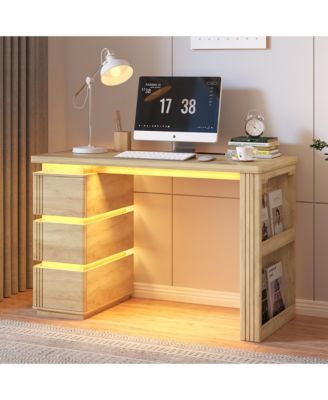 Computer Desk with LED Lights, Charging Station, 3 Drawers and Open Storage Shelves