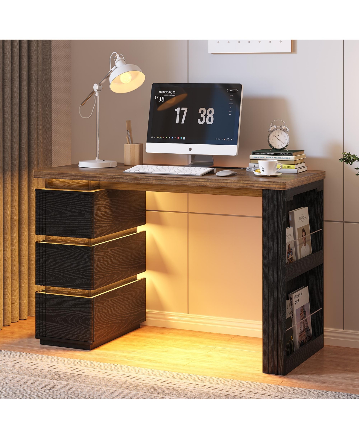 Vlsrka Computer Desk with Led Lights, Charging Station, 3 Drawers and Open Storage Shelves