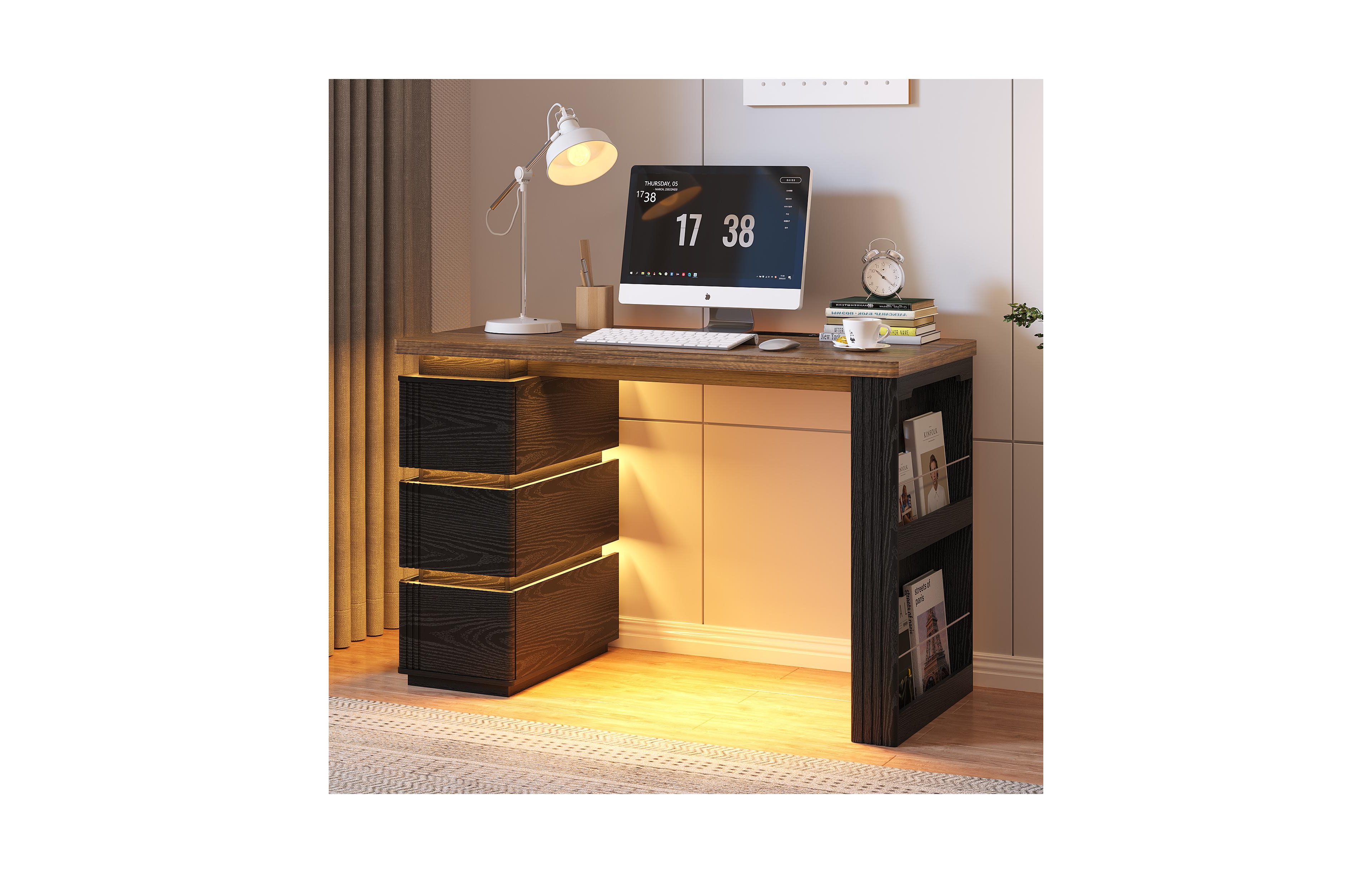 Vlsrka Computer Desk with Led Lights, Charging Station, 3 Drawers and Open Storage Shelves