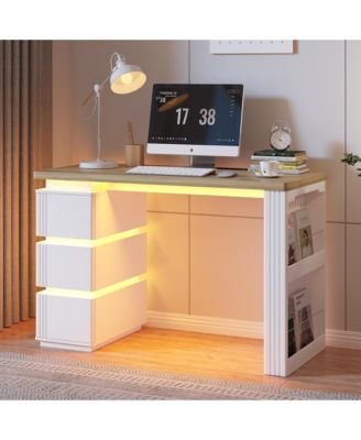 Computer Desk with LED Lights, Charging Station, 3 Drawers and Open Storage Shelves
