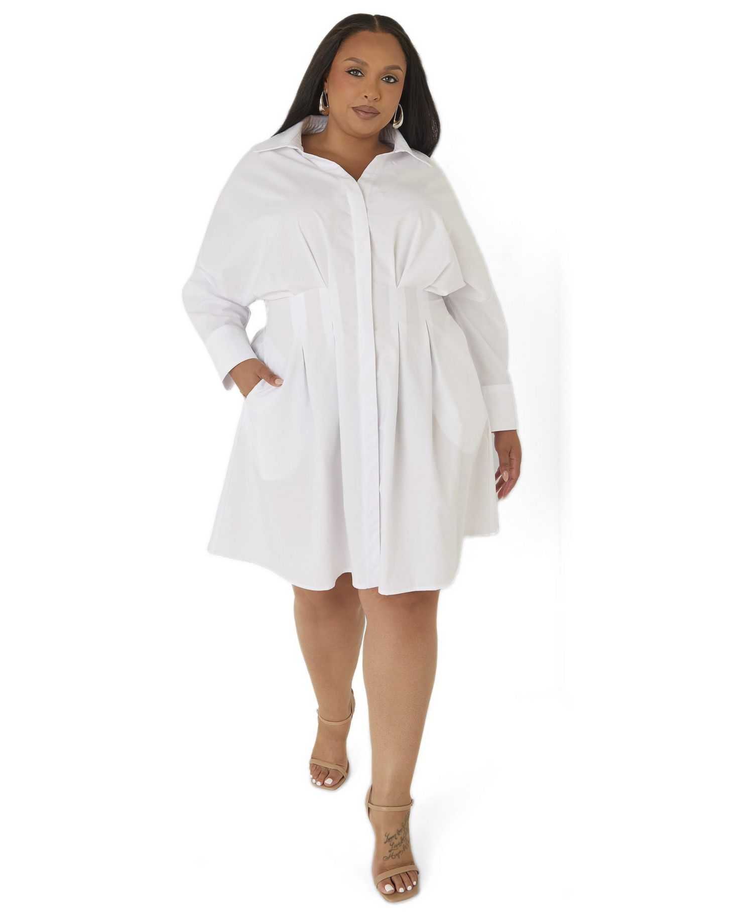 Plus Size Collared Pleated-Sleeve Shirtdress