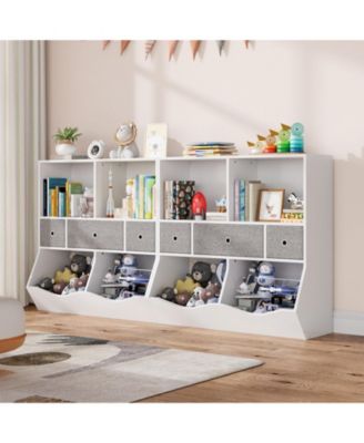 Kids Toy Storage Organizer 2-Pack 7 Cubbies Wooden Bookshelf with 3 Drawers for Playroom Bedroom