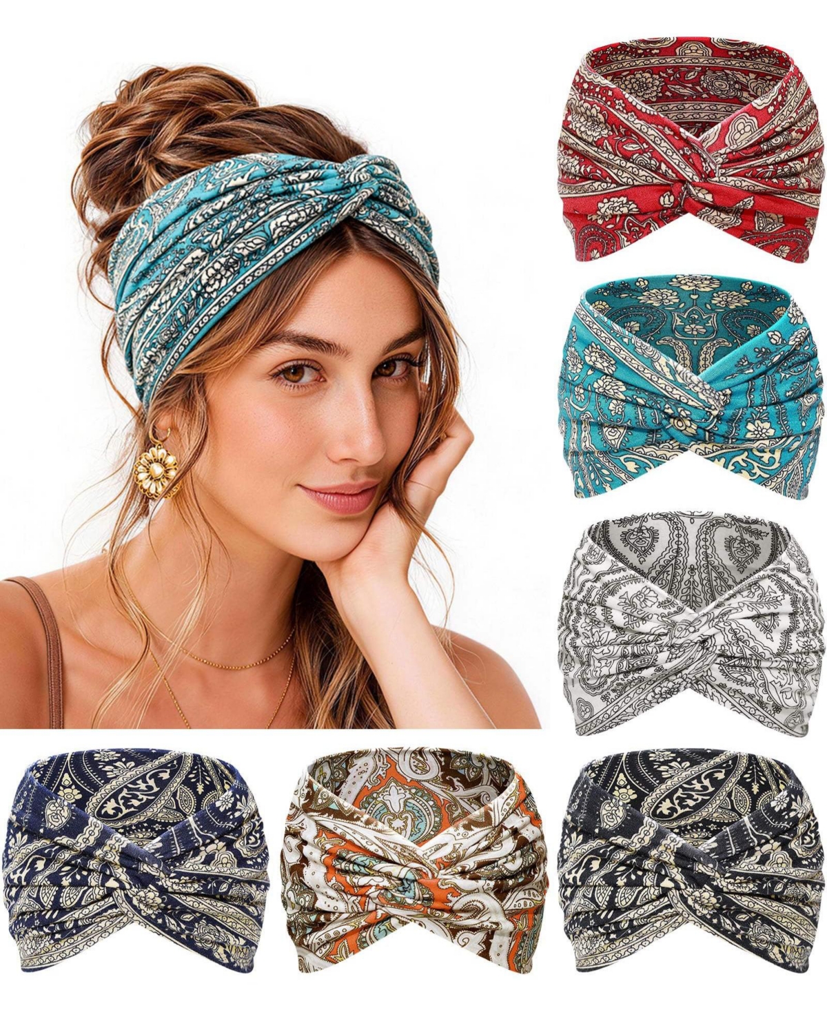 peneyon Wide Non-Slip Boho Headbands, 6-Pack - Cashew white