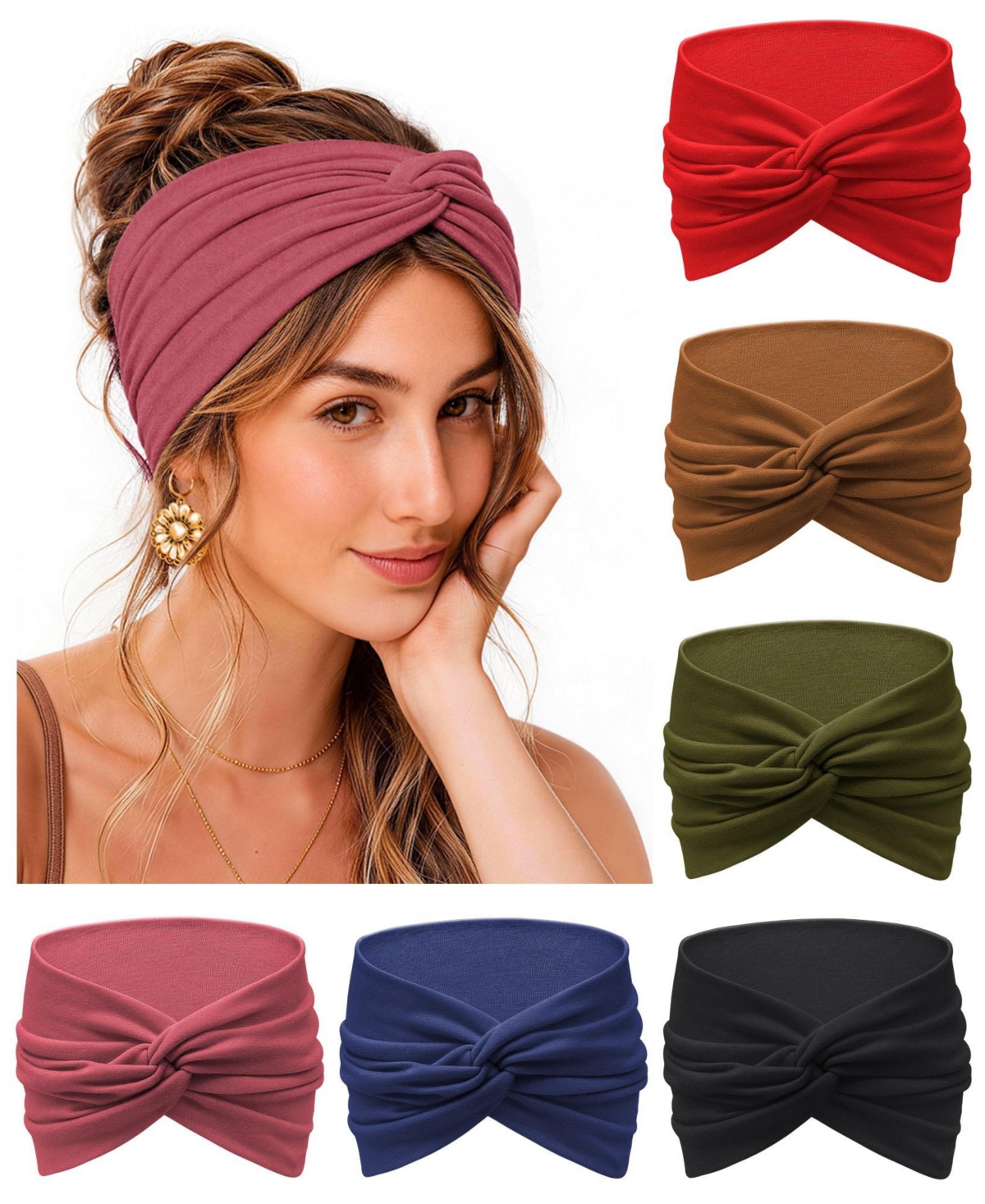peneyon Wide Non-Slip Boho Headbands, 6-Pack - Wine red