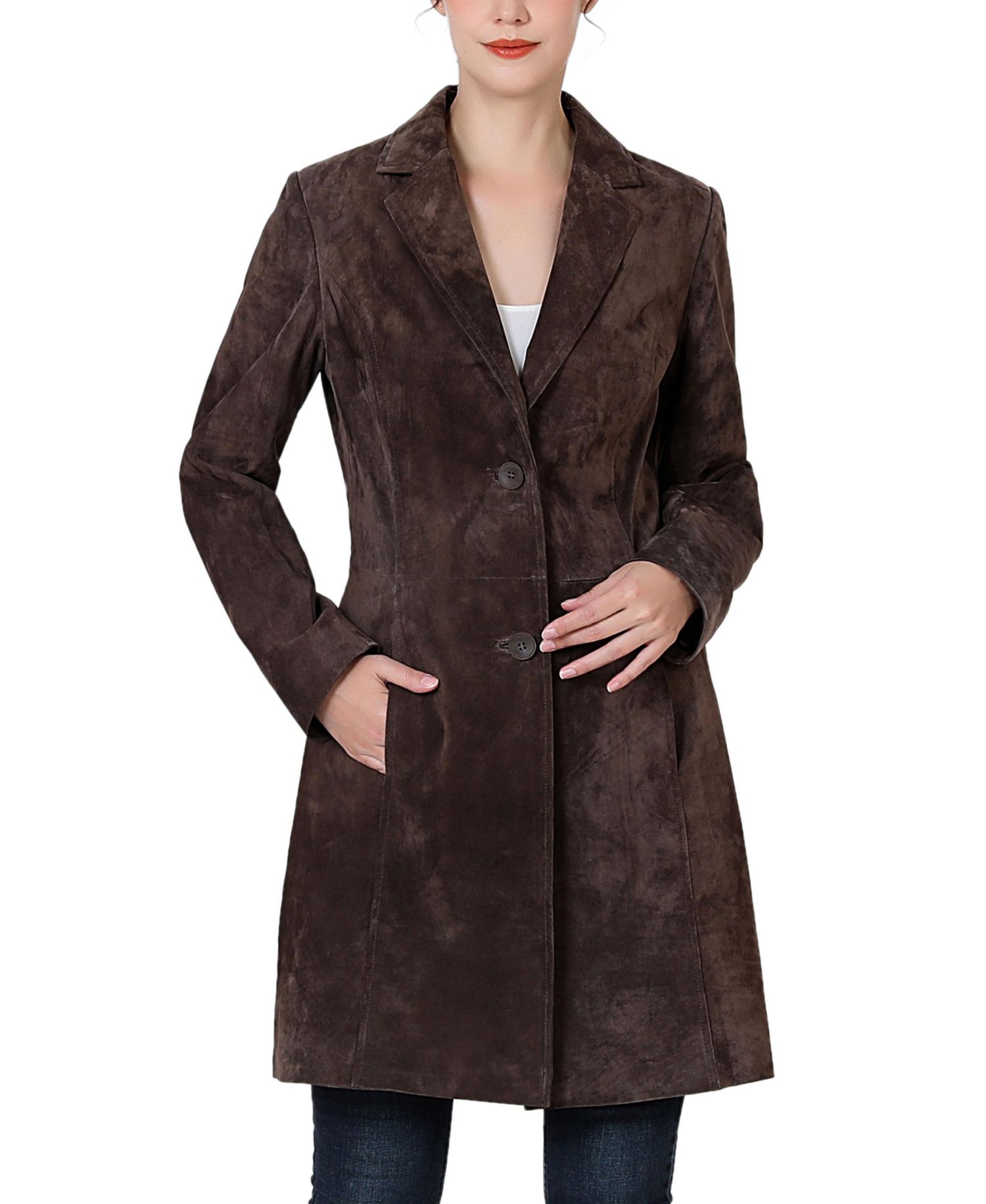 Women's Mary Suede Leather Notch Lapel Button-Front Coat