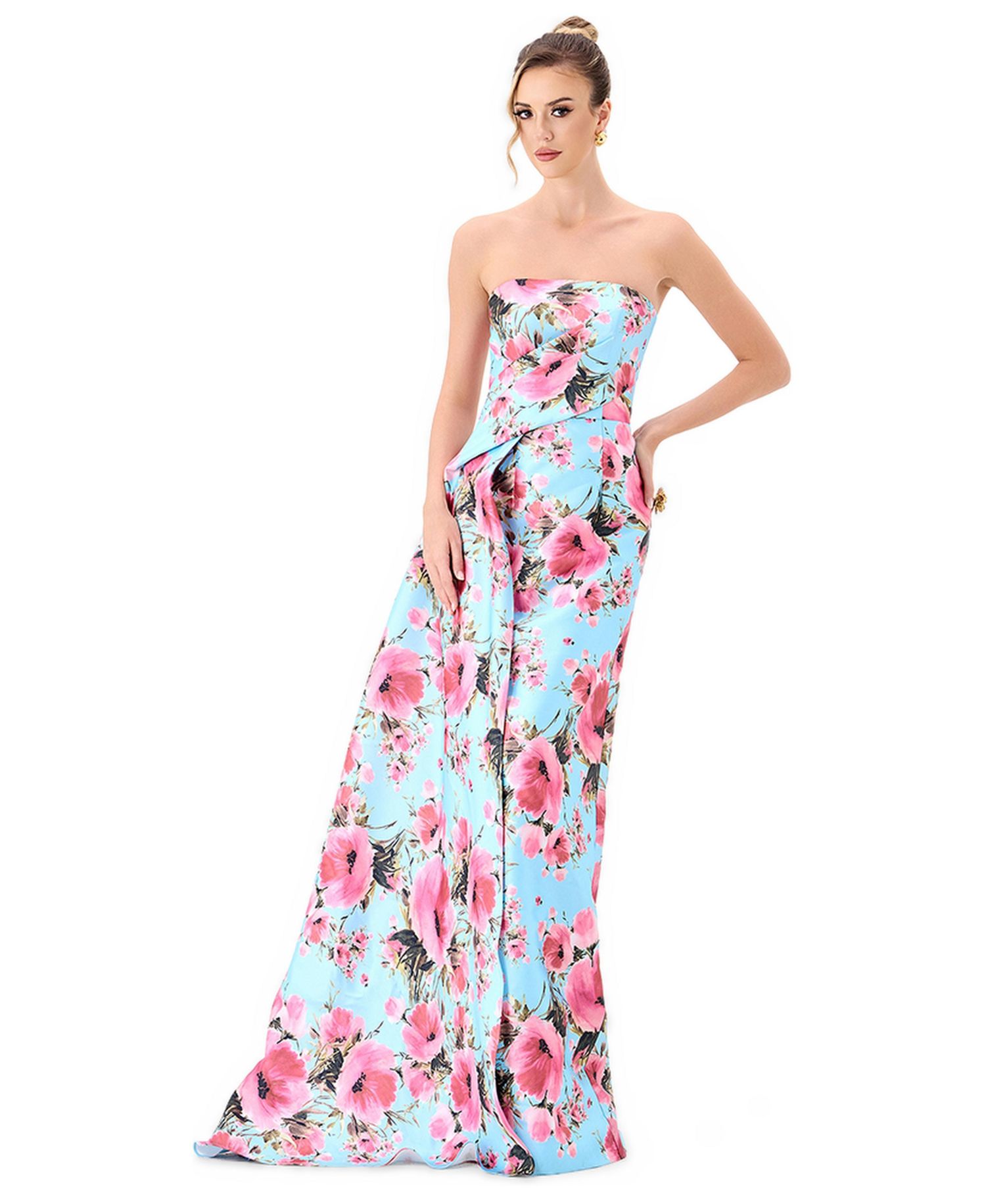 Women's Zia Strapless Floral-Print Asymmetric-Pleated Gown