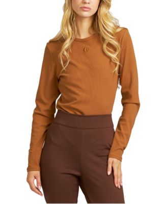 Women's Embroidered Ribbed-Knit Long-Sleeve T-Shirt