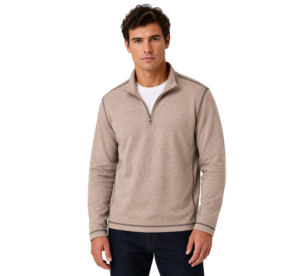 Vintage 1946 Men's Plated Knit Mini Oxford Mock-Neck Quarter-Zip Pullover - Wicker