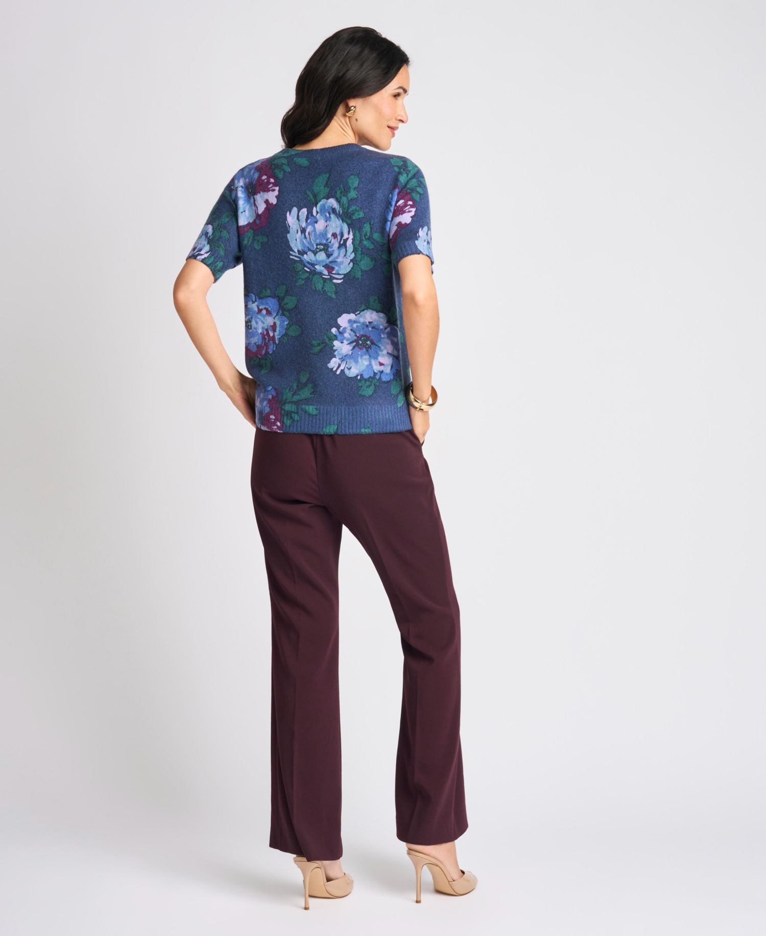 Women's Short-Sleeve Floral-Print Crewneck Sweater