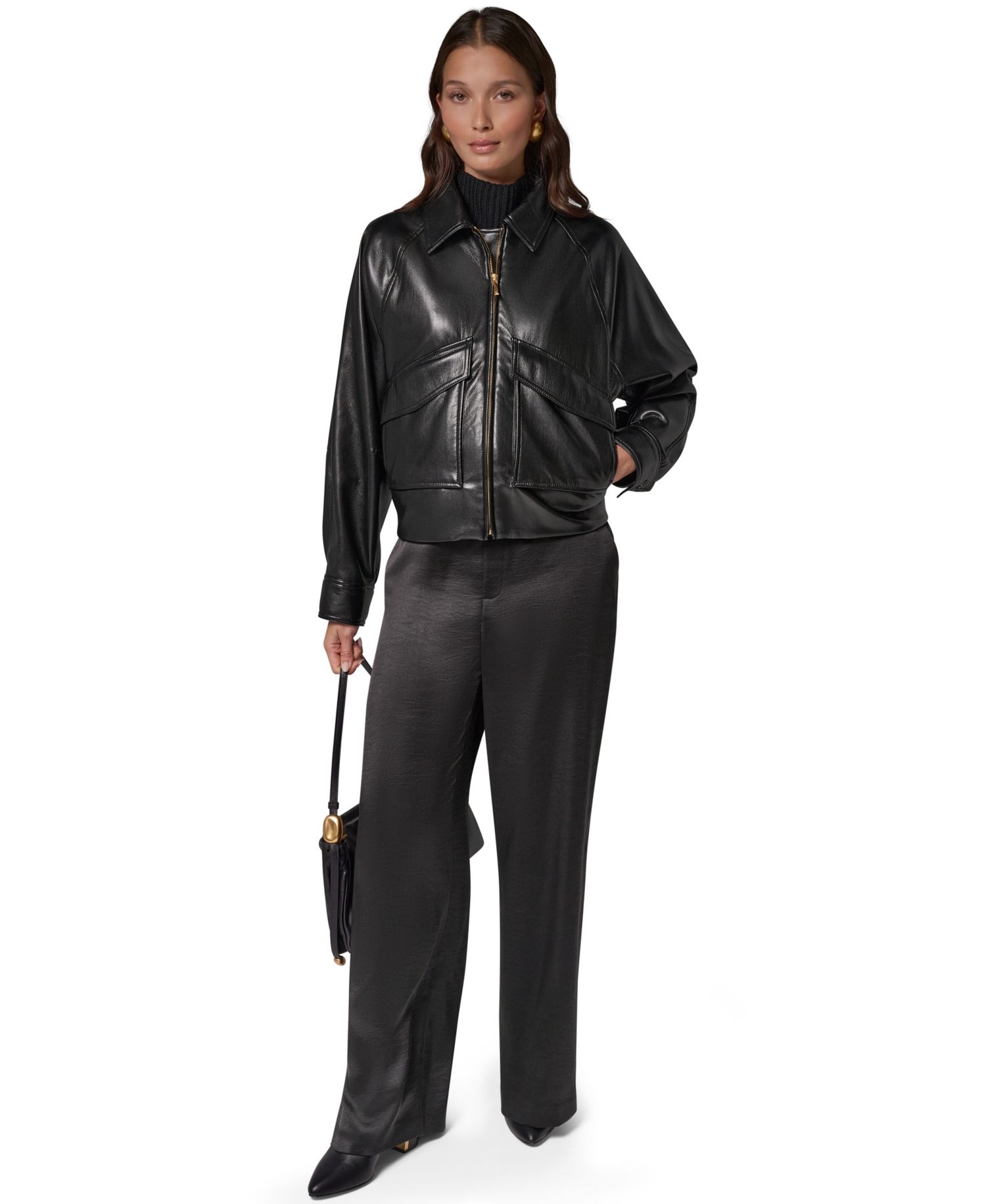 Women's Short Raglan Collared Faux Leather Jacket
