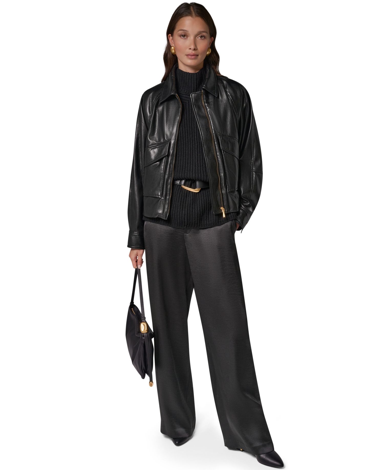 Women's Short Raglan Collared Faux Leather Jacket
