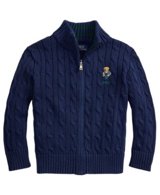 Boys' 2T-7 Polo Bear Full-Zip Cable-Knit Sweater