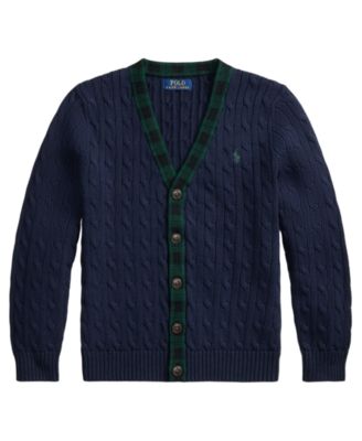 Boys' 8-20 Cable-Knit Plaid-Trim Cardigan