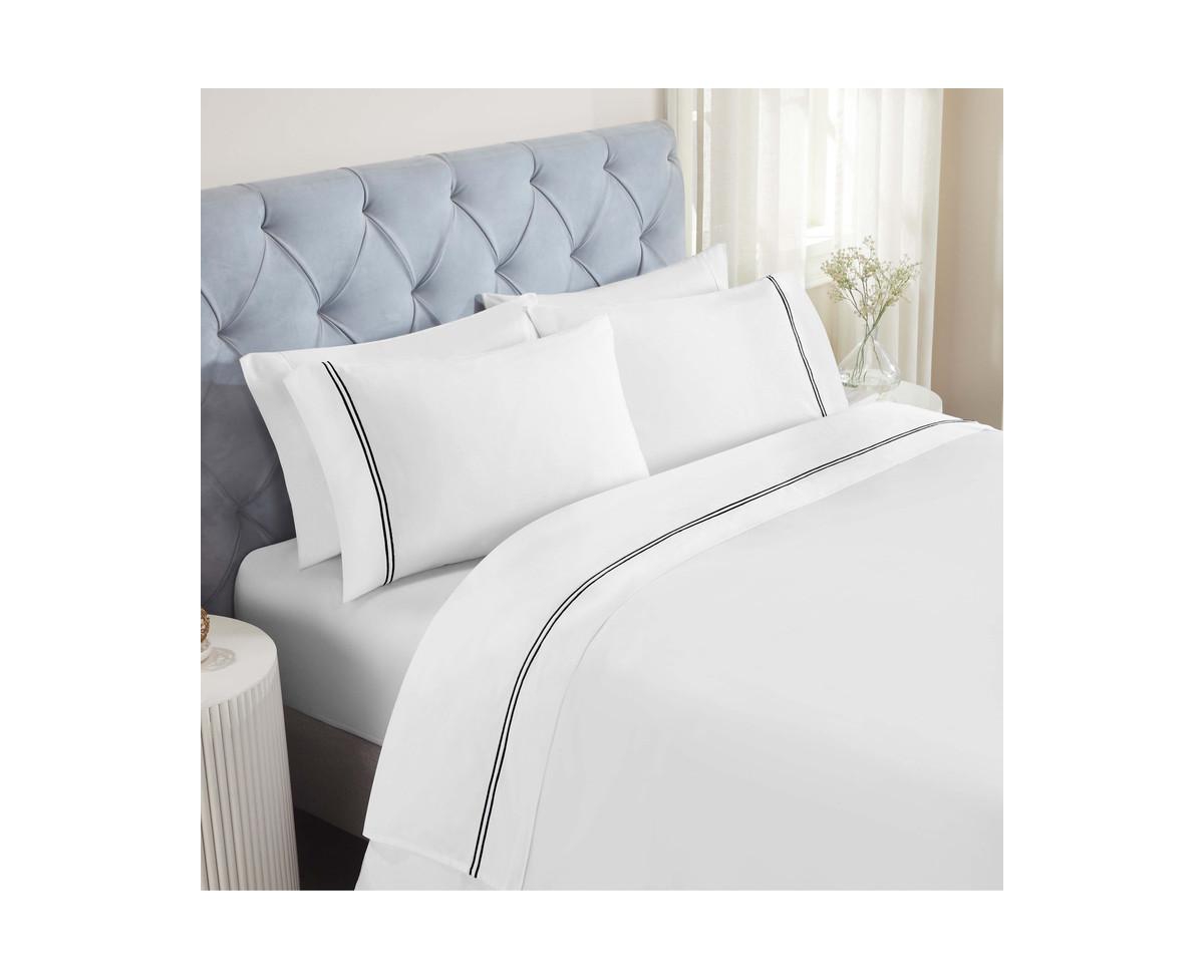 Superior Fieldstone Cotton Two-Line Embroidered Deep Pocket Bed Sheet Set, Full
