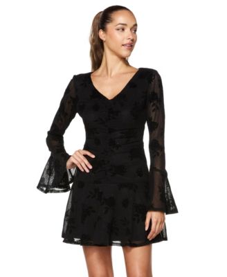 Juniors' Long-Sleeve V-Neck Flocked Mesh Dress
