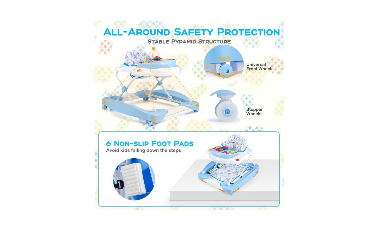 Foldable 6 in 1 Baby Walker with Adjustable Height for Infant Mobility and Play