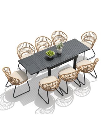 7/9/11-Piece All-Weather Extendable Outdoor Dining Set Aluminum Dining Table and Boho PE Wicker Chairs