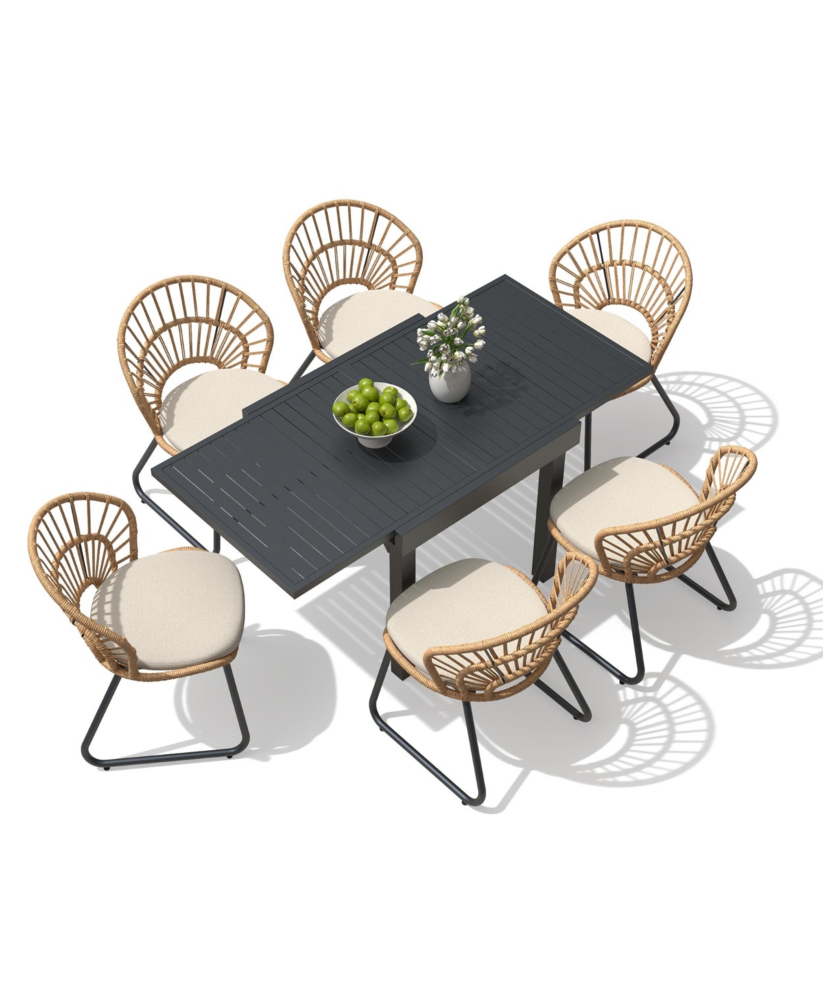 Pellebant 7/9/11-Piece All-Weather Extendable Outdoor Dining Set Aluminum Dining Table and Boho Pe Wicker Chairs - Set of 7 - beige - 63 inches