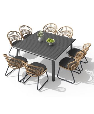 9 Piece 56.9" Large Outdoor Aluminum Square Patio Dining Set with Umbrella Hole, Shell Shaped Rattan Chairs with Cushions
