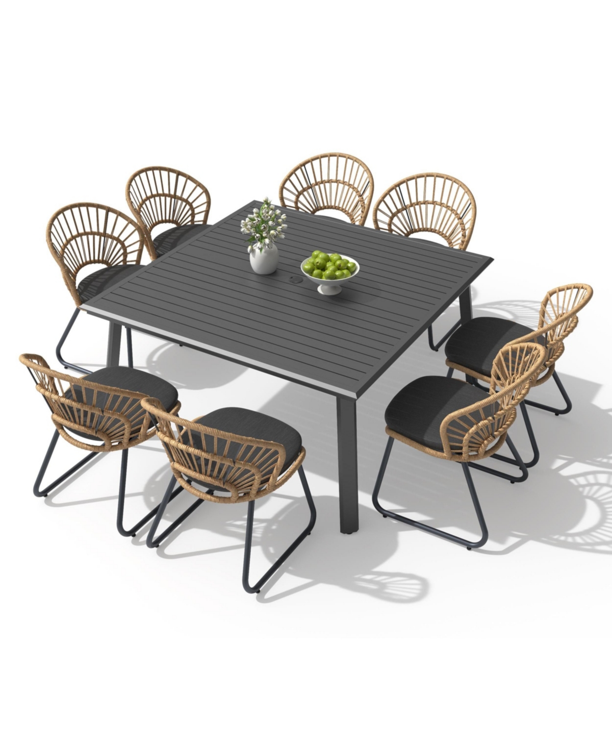 Pellebant 9 Piece 56.9" Large Outdoor Aluminum Square Patio Dining Set with Umbrella Hole, Shell Shaped Rattan Chairs with Cushions