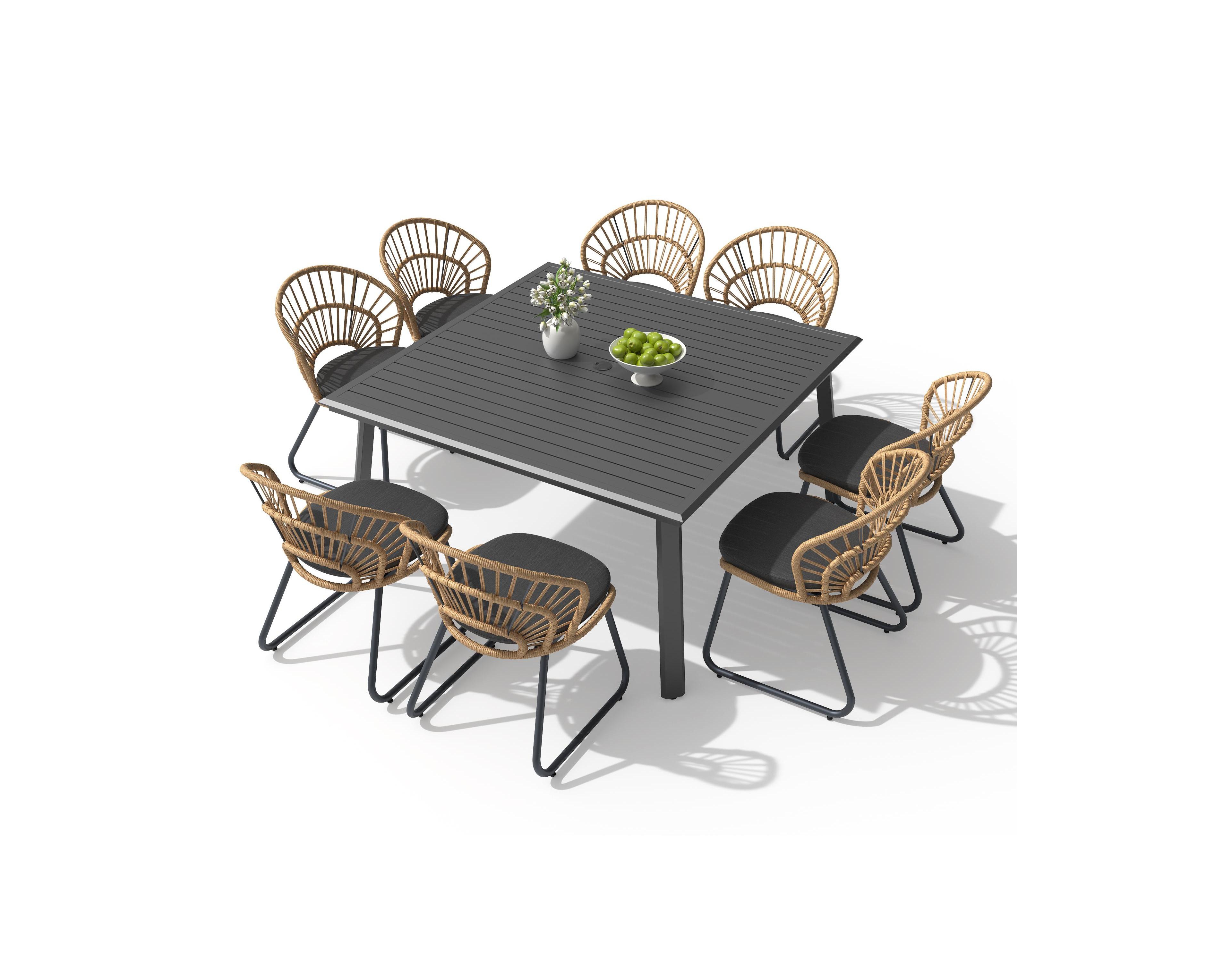 Pellebant 9 Piece 56.9" Large Outdoor Aluminum Square Patio Dining Set with Umbrella Hole, Shell Shaped Rattan Chairs with Cushions
