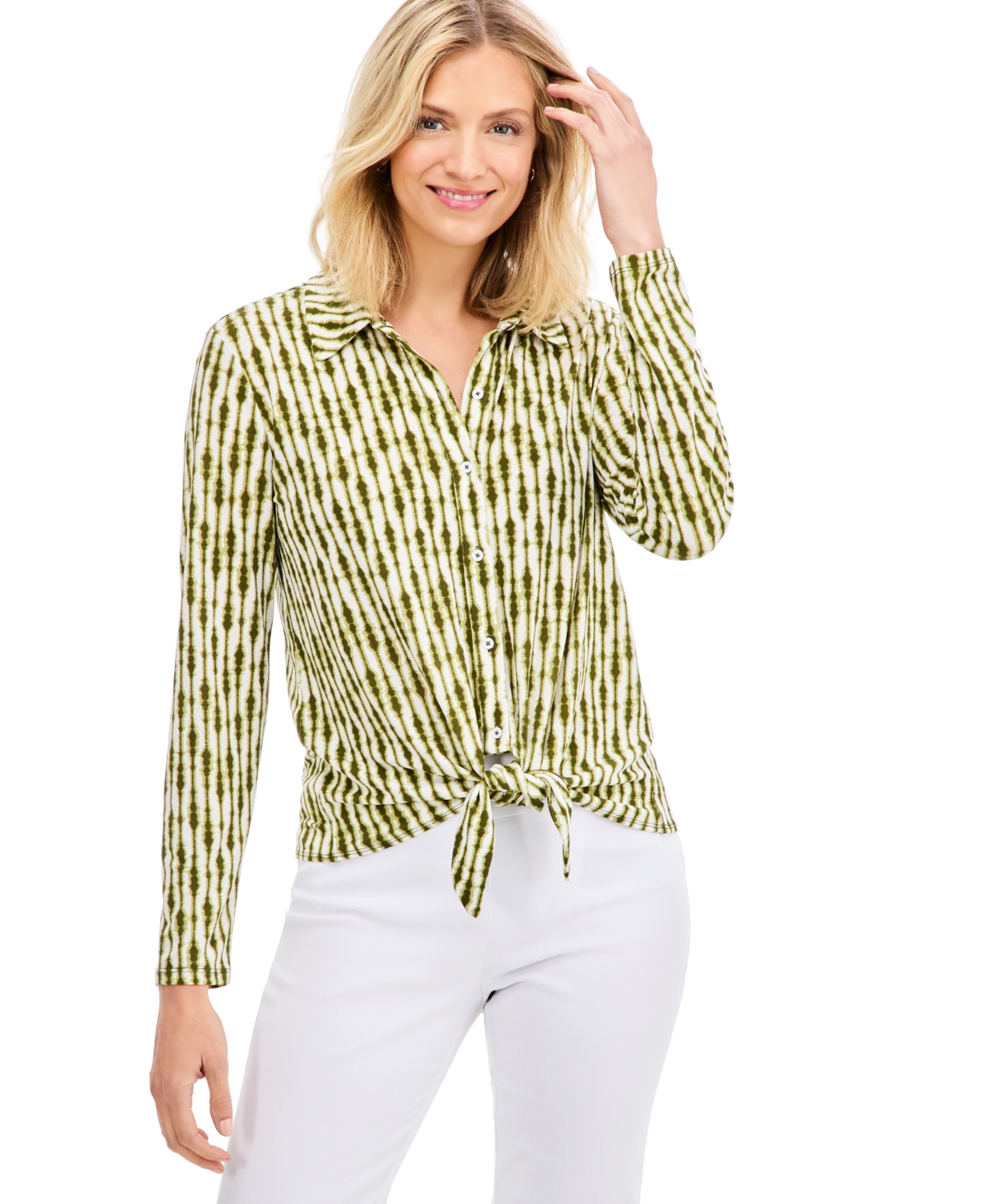 Jm Collection Women's Printed Long-Sleeve Tie-Front Top, Macy's Exclusive - Dried Olive