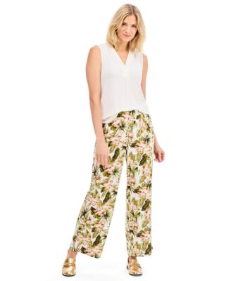 Women's Printed Wide-Leg Linen-Blend Pull-On Pants