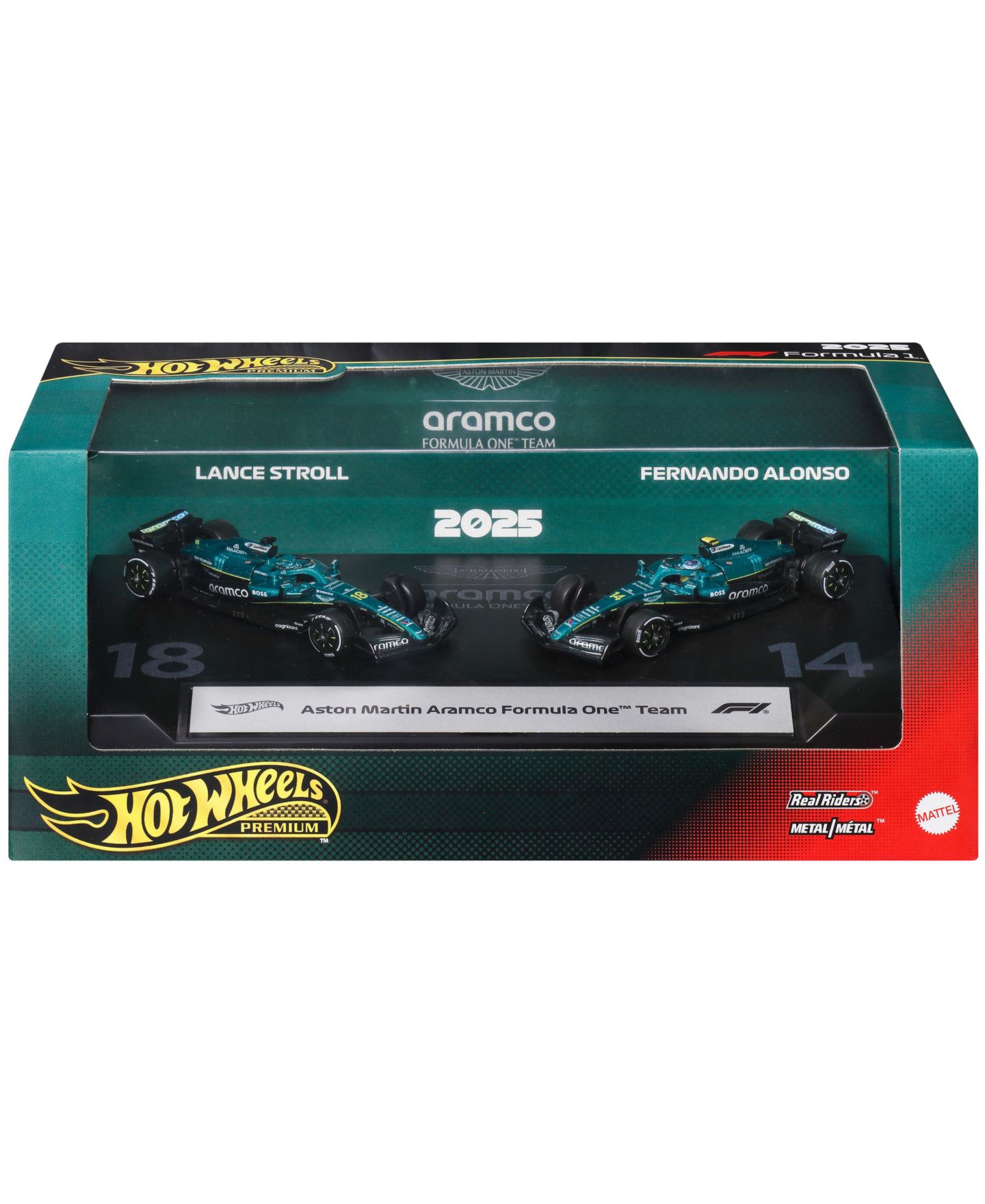 Набор Hot Wheels из 2 литых гоночных машин Aston Martin Aramco Formula One Premium, 1:64 — фото 1