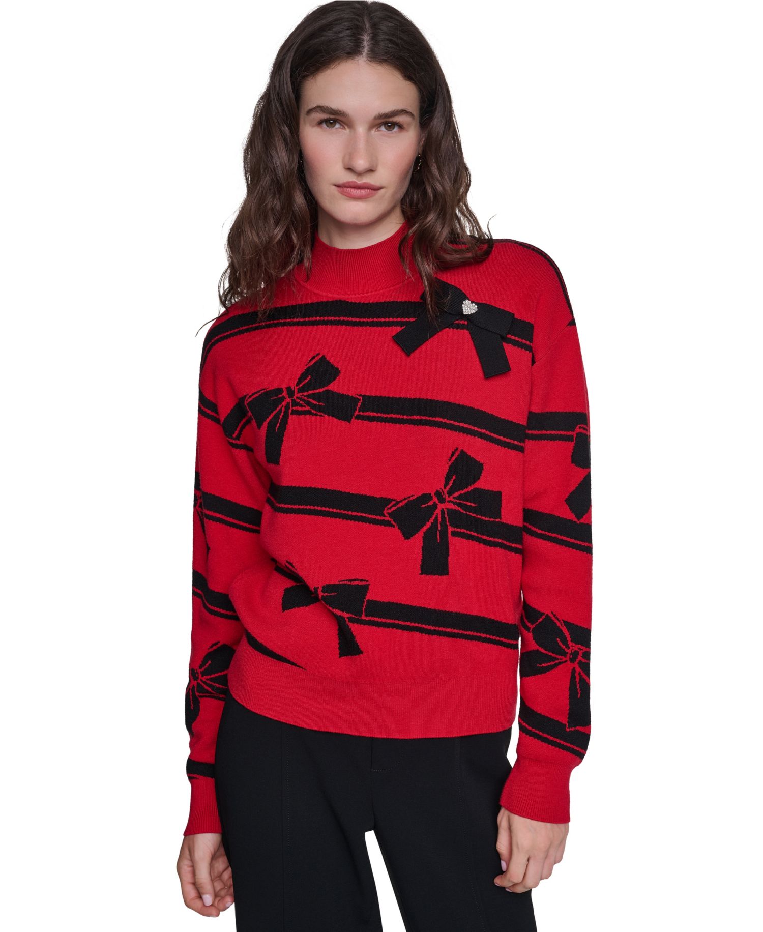 Women's Striped Mock Neck Bow Sweater