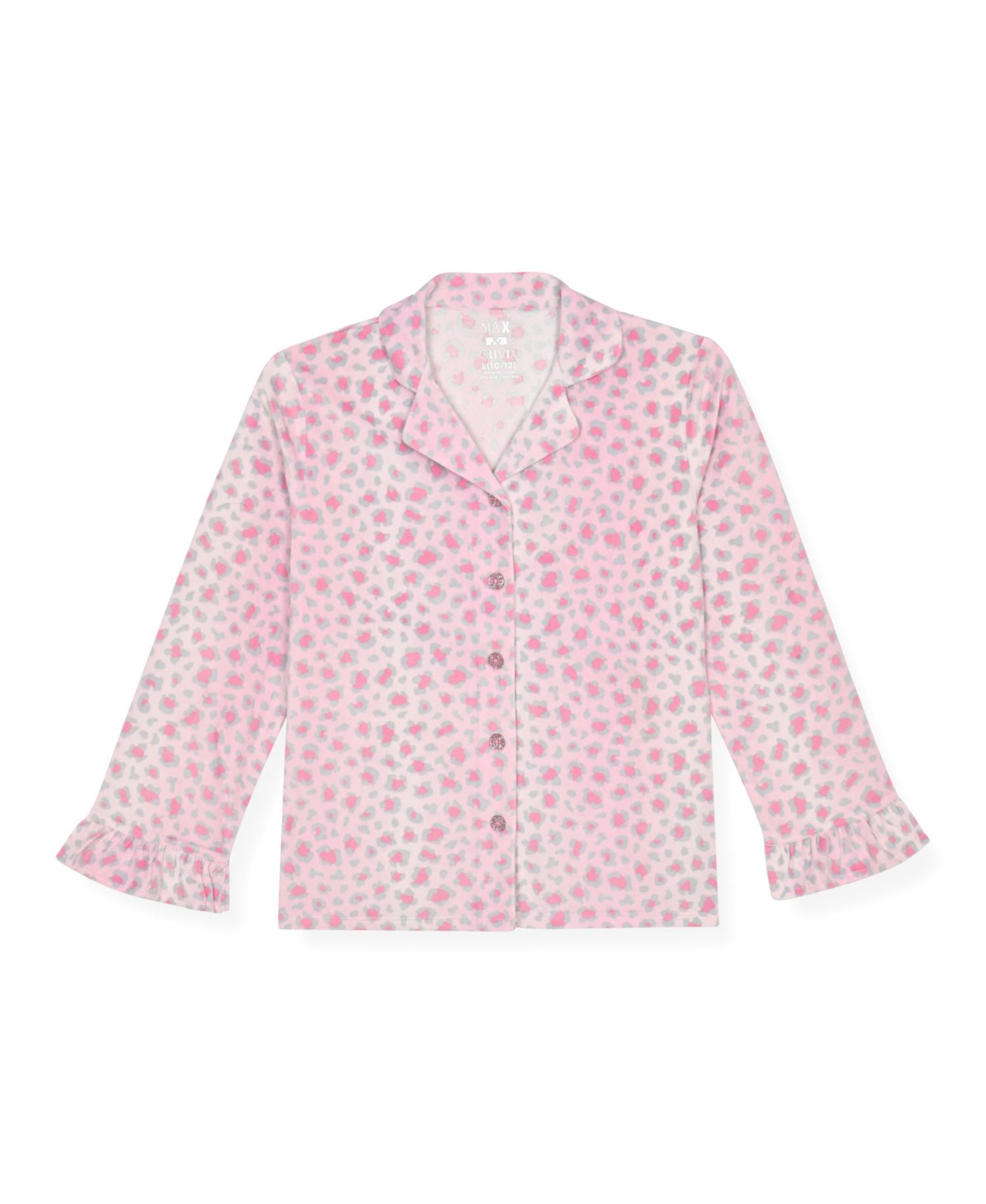 Girls' 5-16 Velour Print Long-Sleeve Ruffle-Trim Pajama and Scrunchie, 3-Piece Set
