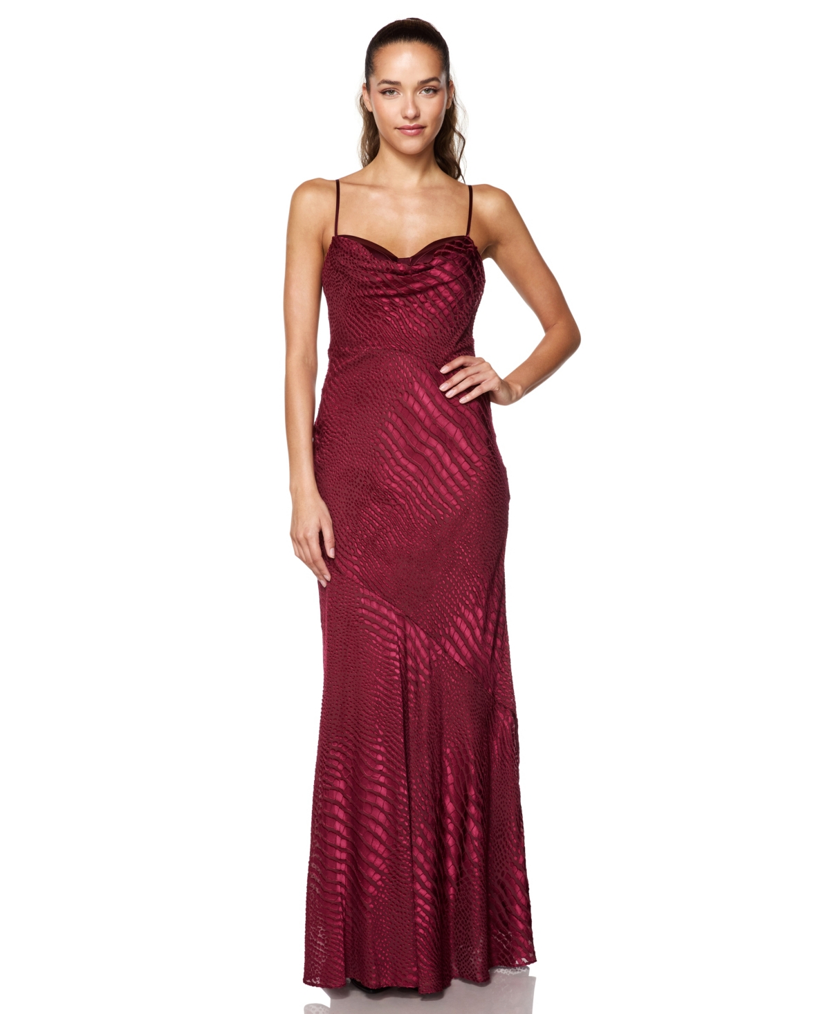 Alex & Sophia Juniors' Cowl Neck Burnout Satin Long Gown