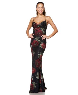 Juniors' Floral-Print Beaded Sequin Cowl-Neck Gown