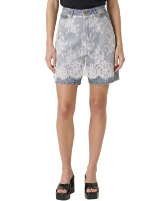Women's High-Waist Lace-Overlay Denim Bermuda Shorts, 11" Inseam