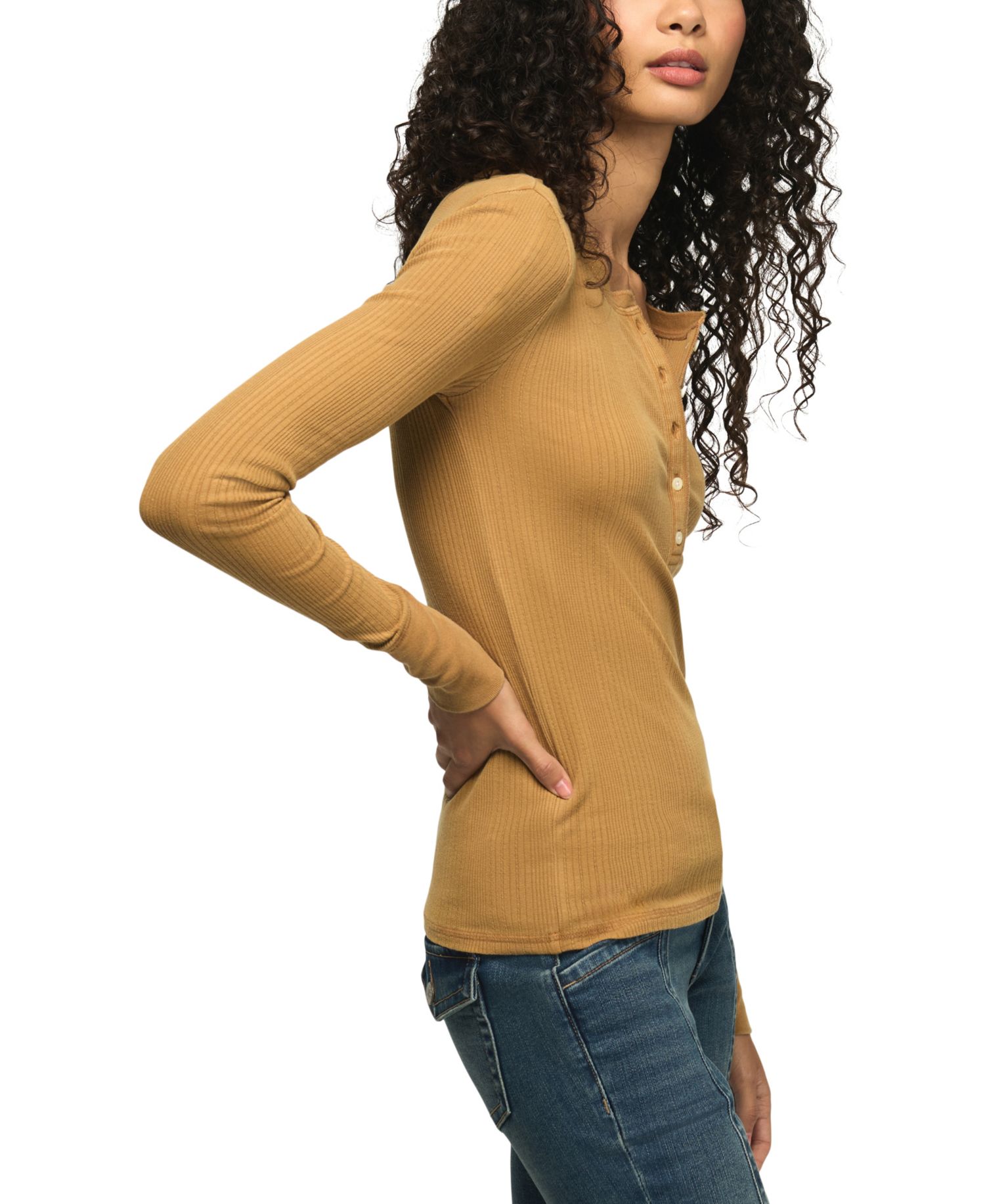 Women's Long Sleeve Ribbed Henley Top