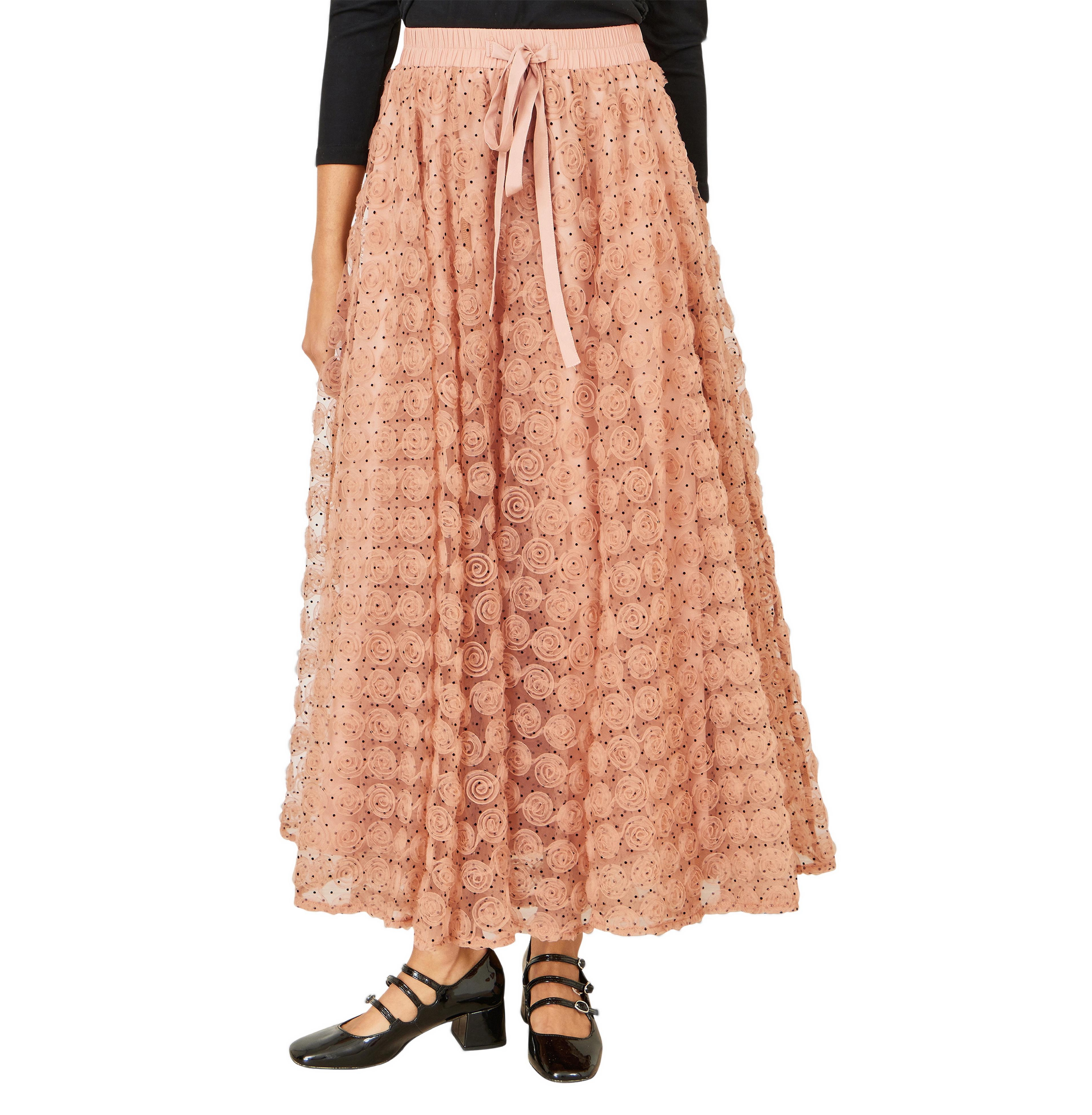 Yumi Women's Spot and Rose Tulle Polka-Dot High-Waisted Maxi Skirt