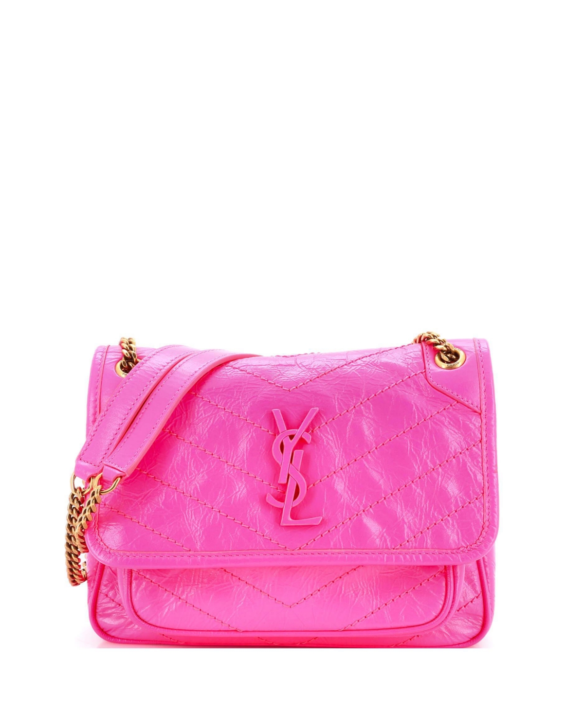 Pre-Owned Saint Laurent Baby Niki Chain Flap Bag Matelasse Chevron Leather - Pink