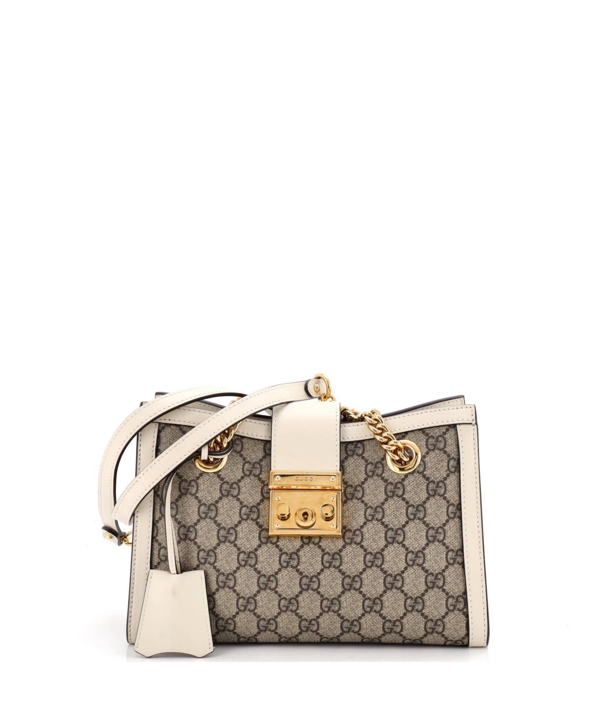 Pre-Owned Gucci Small Padlock Chain Tote Gg Coated Canvas with Leather - White