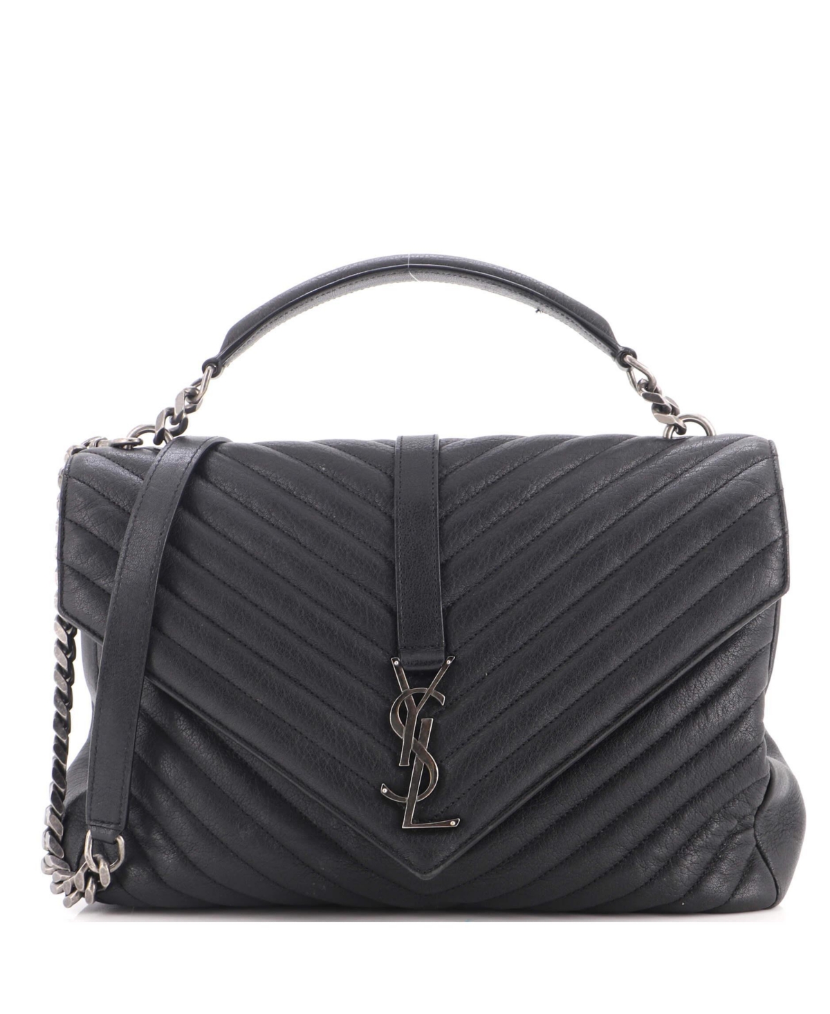 Pre-Owned Saint Laurent Classic Monogram College Chevron Leather Shoulder Bag - Black