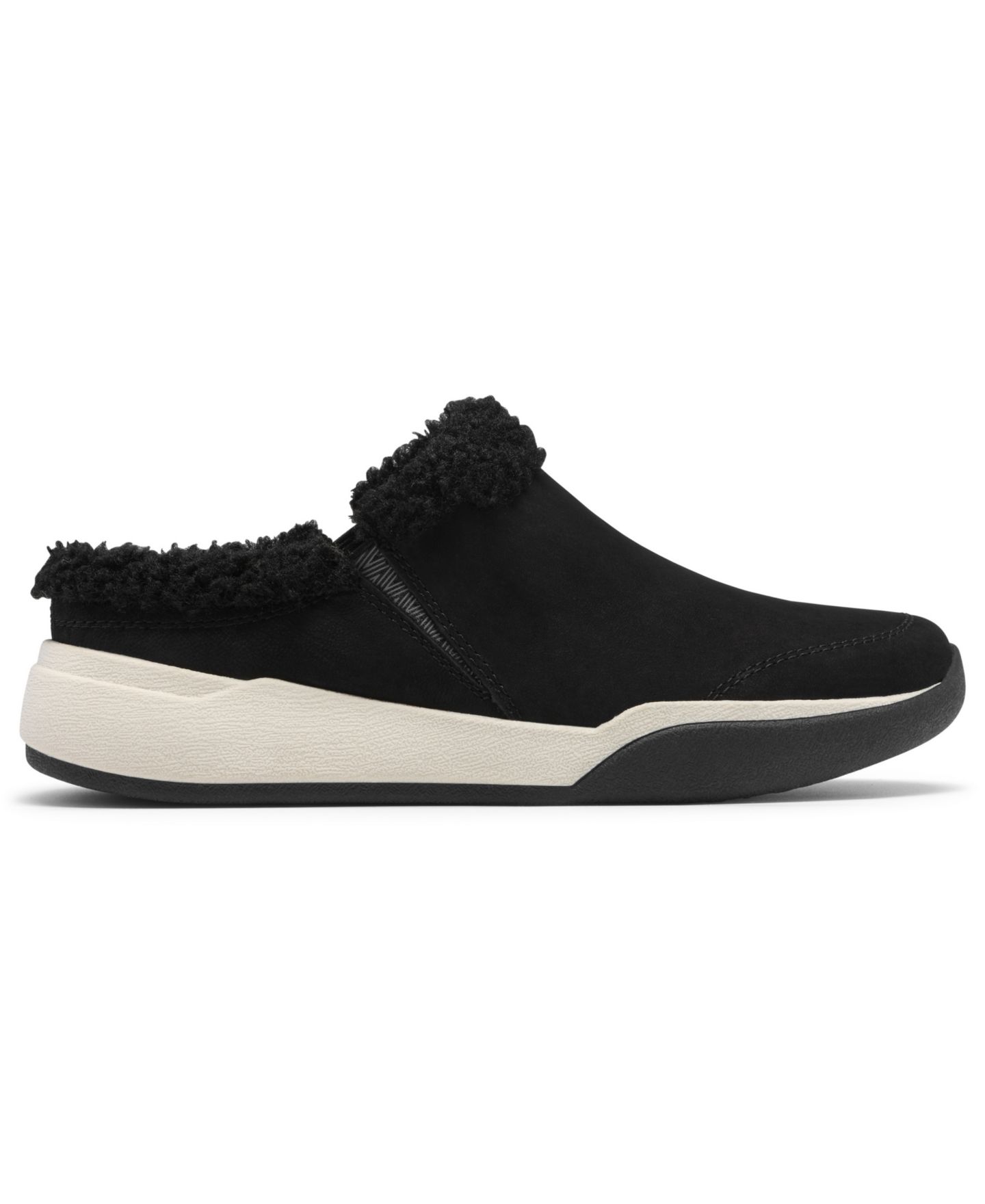 Женские сабо Clarks Aydria Ray Faux Fur Collar Round Toe Mules, цвет: Чёрный нубуковый — фото 2