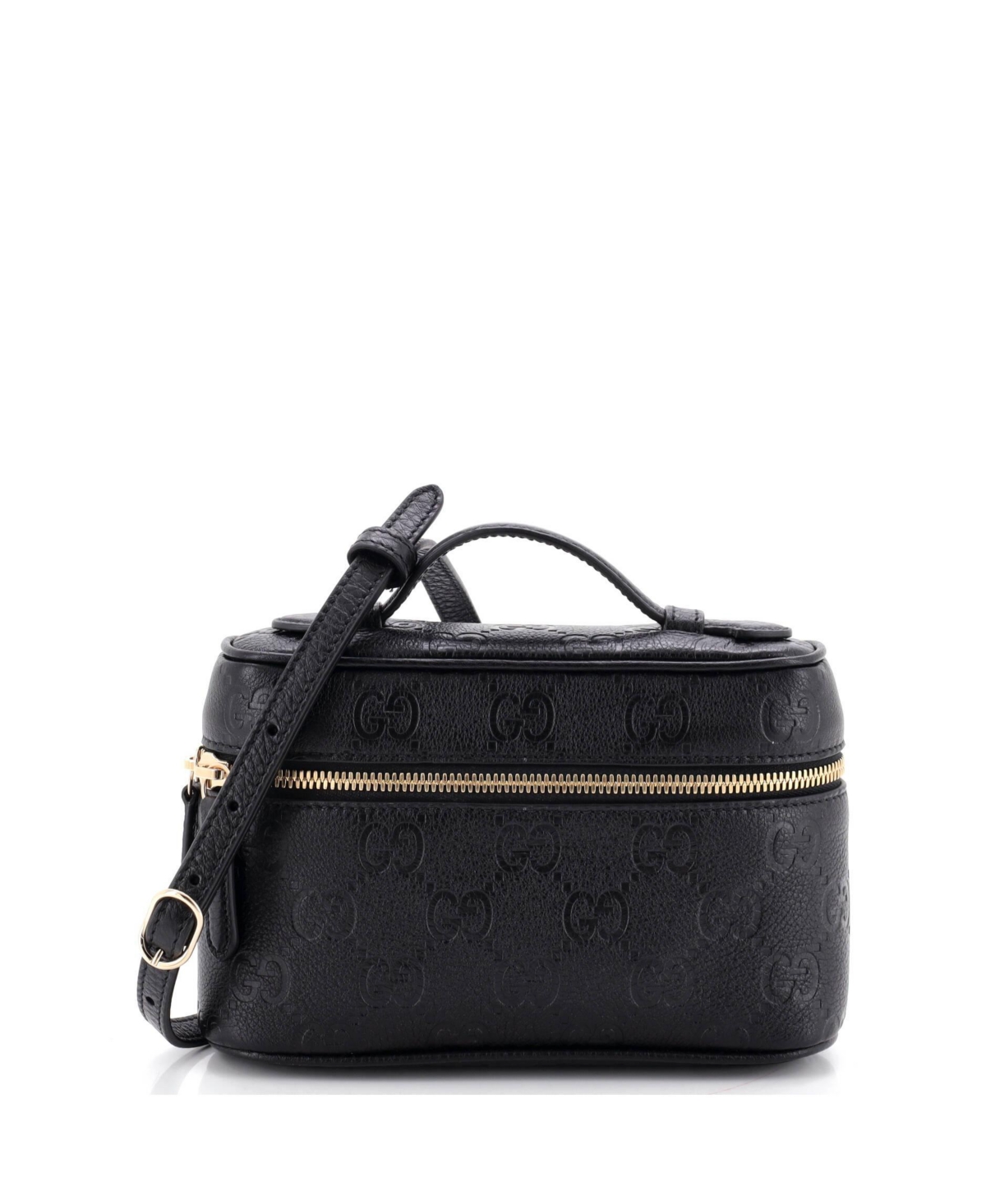 Pre-Owned Gucci Small Emblem Top Handle Vanity Bag Gg Embossed Leather - Black