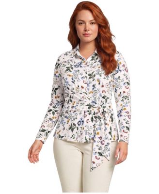 Plus Size Long-Sleeve Jersey Tie Detail Blouse